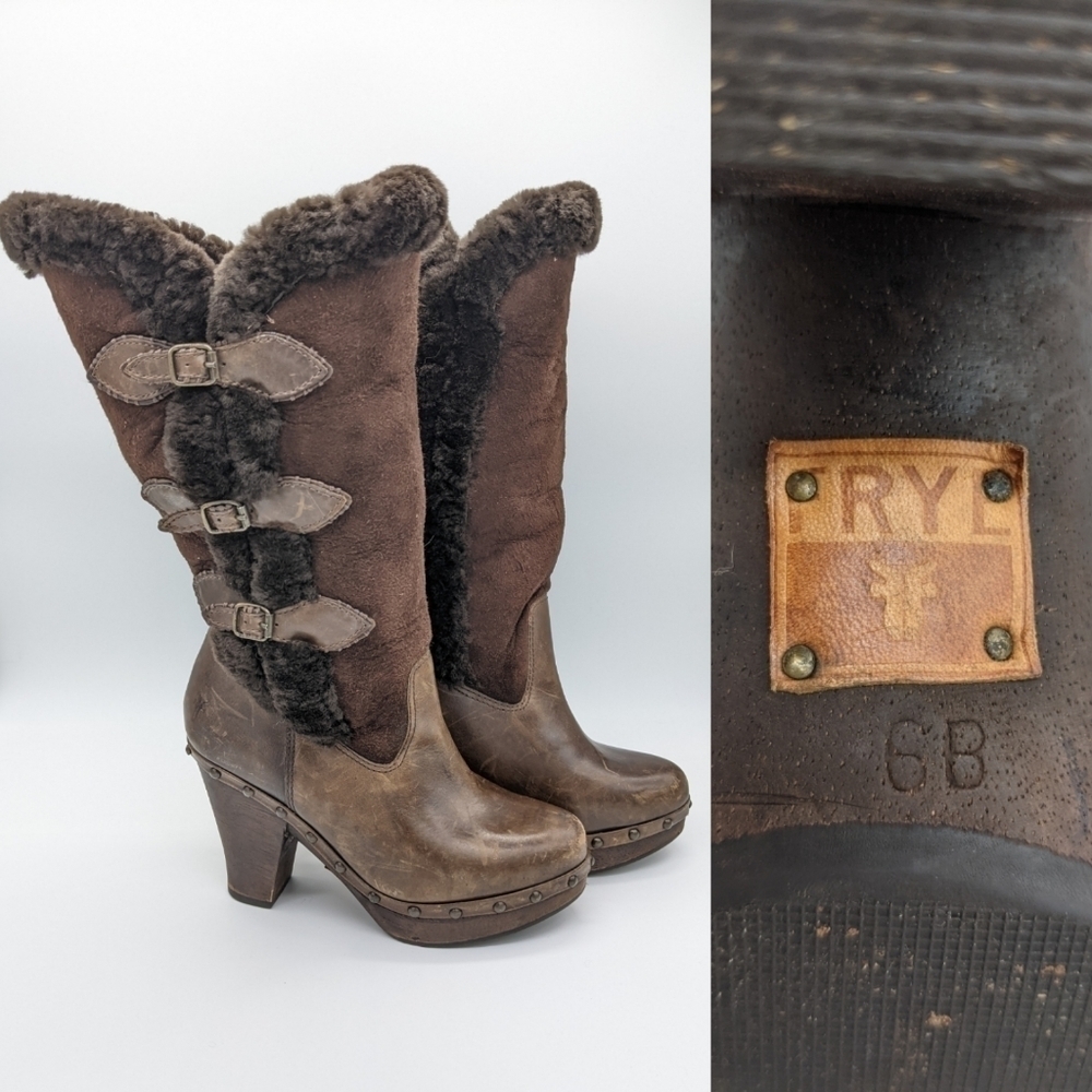 Frye “Ella” Wooden Heeled Brown Leather & Shearling Fold Over Boots ~Very Rare~